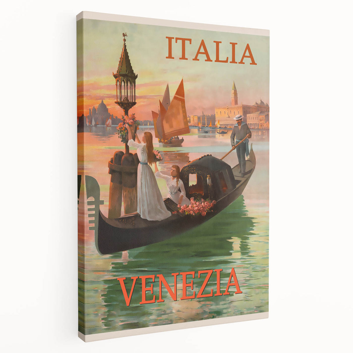 Retro Venice Italy Travel Poster - Gondola in Venice Canal Wall Art