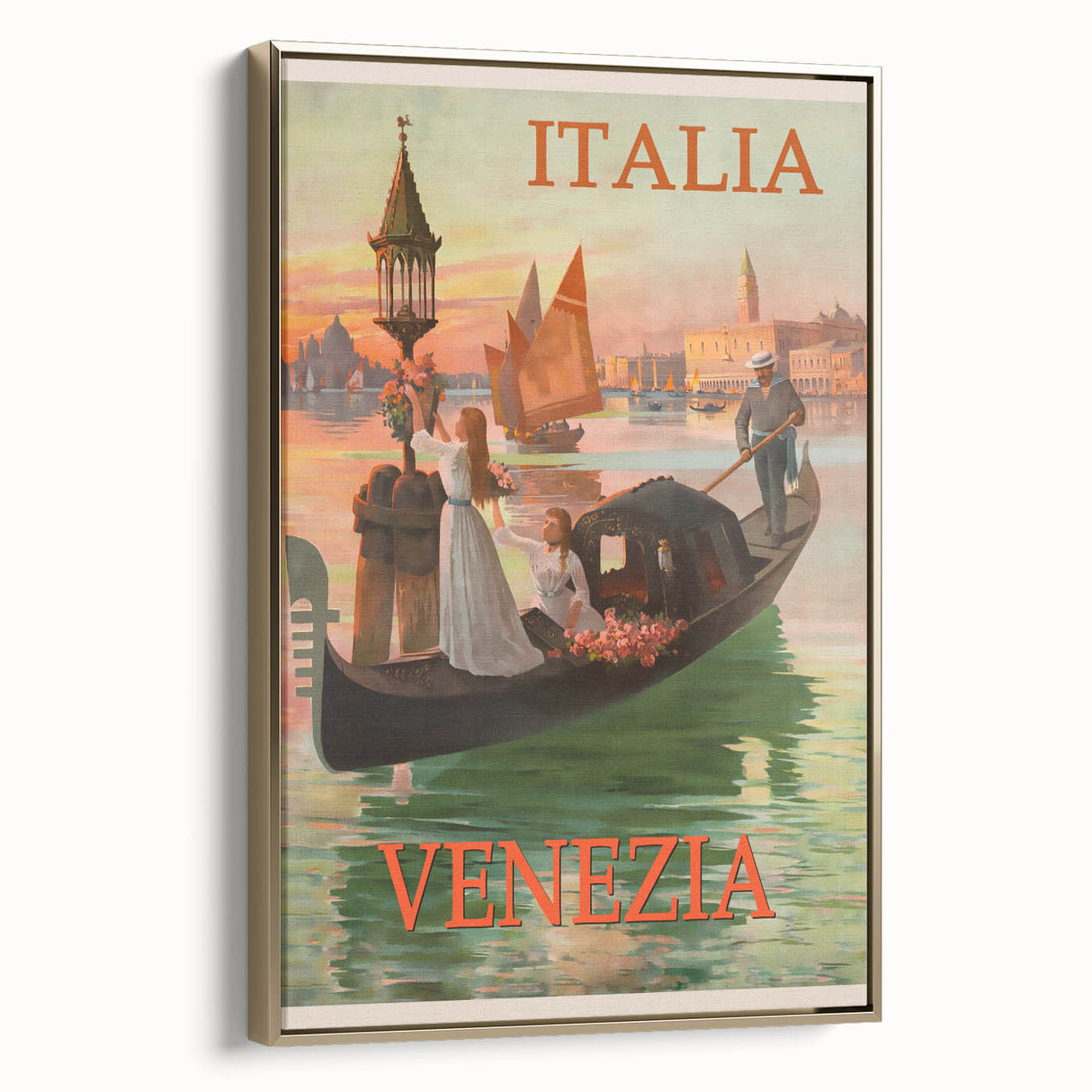 Retro Venice Italy Travel Poster - Gondola in Venice Canal Wall Art