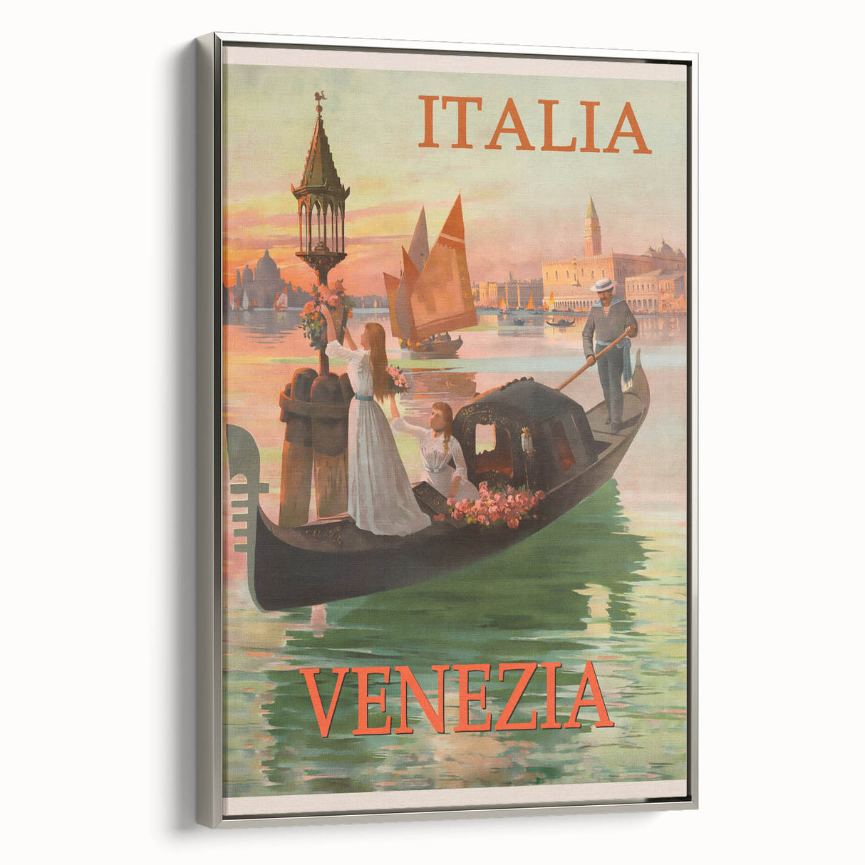 Retro Venice Italy Travel Poster - Gondola in Venice Canal Wall Art