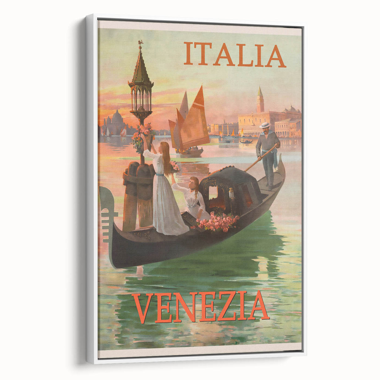 Retro Venice Italy Travel Poster - Gondola in Venice Canal Wall Art