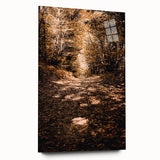 Large abstract wall art on acrylic glass depicting swirling autumn colors, ideal for bedroom or dining room decor.