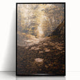 Large abstract wall art featuring mid-century modernist autumnal tones on a black framed acrylic print.