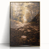 Large art print of a mid-century modernist autumn scene in gold and orange tones, acrylic framed.