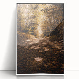 Art deco poster featuring a stylized fall scene in orange and brown tones on a white acrylic framed print.