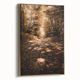 Framed canvas featuring a vintage landscape painting of autumn trees in gold and black tones, ideal for bedroom wall decor.