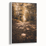 Vintage poster art featuring a stylized autumn scene on a framed canvas, with a palette of orange and brown tones.