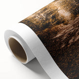 Art deco style poster of abstract autumn trees in warm orange and brown tones, printed on rolled canvas.