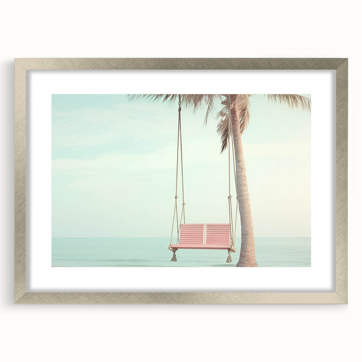 Abstract textured art print in muted beige and cream, framed in silver, ideal for bedroom wall decor.