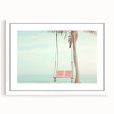 Abstract art print featuring swirling blue and green patterns on a white framed canvas.