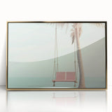 Large art print of a mid-century modernist summer scene in acrylic, framed in gold, ideal for nursery wall decor.