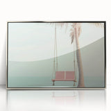 Mid-century modernist art featuring geometric shapes in pastel colors on a silver-framed acrylic print.