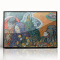 Large abstract wall art with swirling blue and yellow patterns on a black acrylic frame, ideal for modern living room decor.