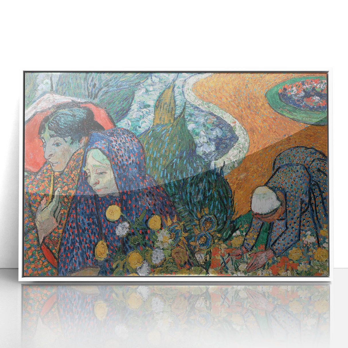 Acrylic print of a Van Gogh-inspired painting in a white frame, featuring vibrant color swirls.