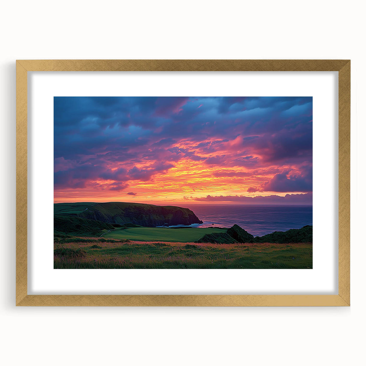 Elegant gold-framed landscape artwork showcasing dramatic cliffs and serene scenery, complemented by a stylish mat, perfect for home decor and art enthusiasts.