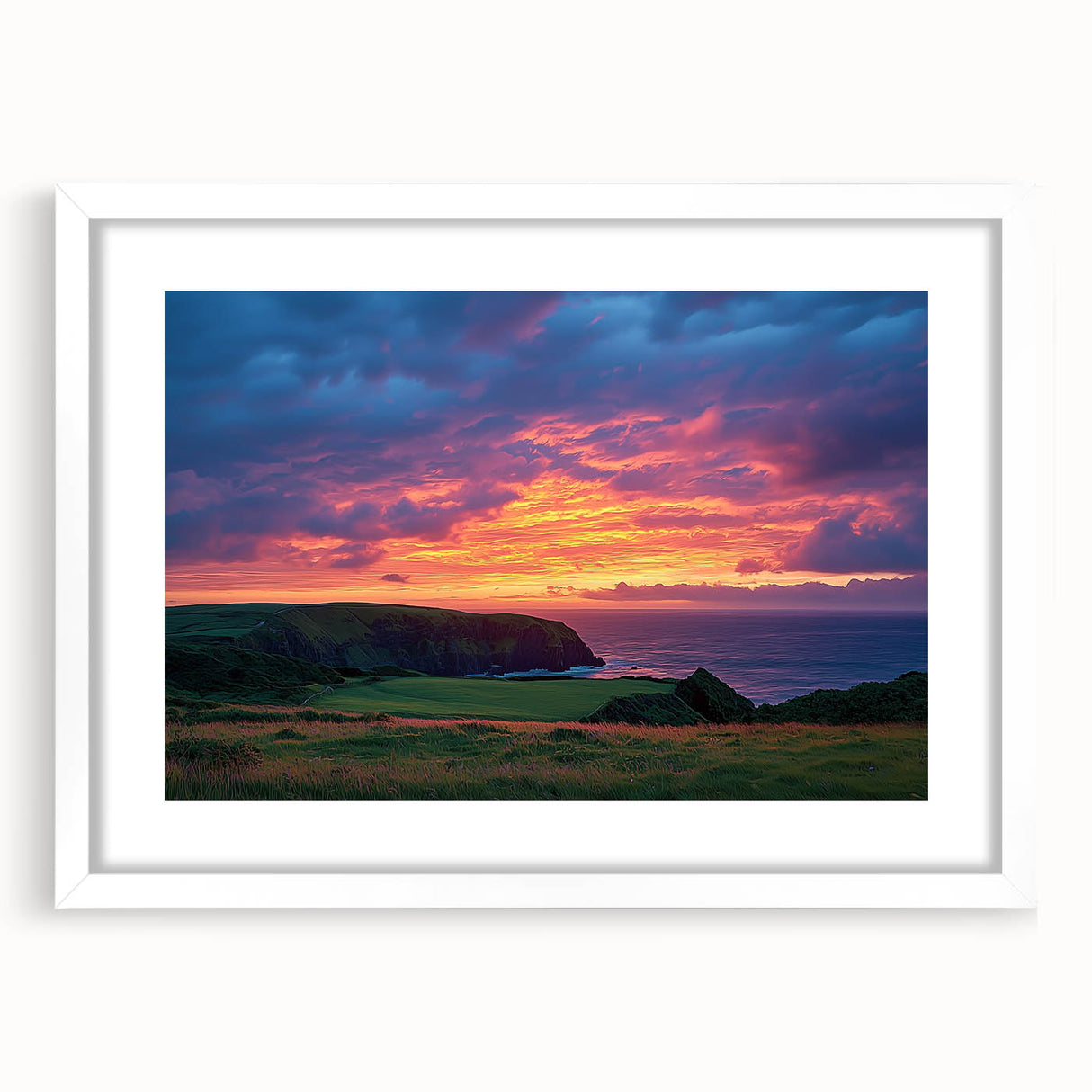 Framed landscape artwork depicting rugged cliffs under a bright blue sky, featuring a white mat for an elegant presentation, ideal for home decor enhancement.