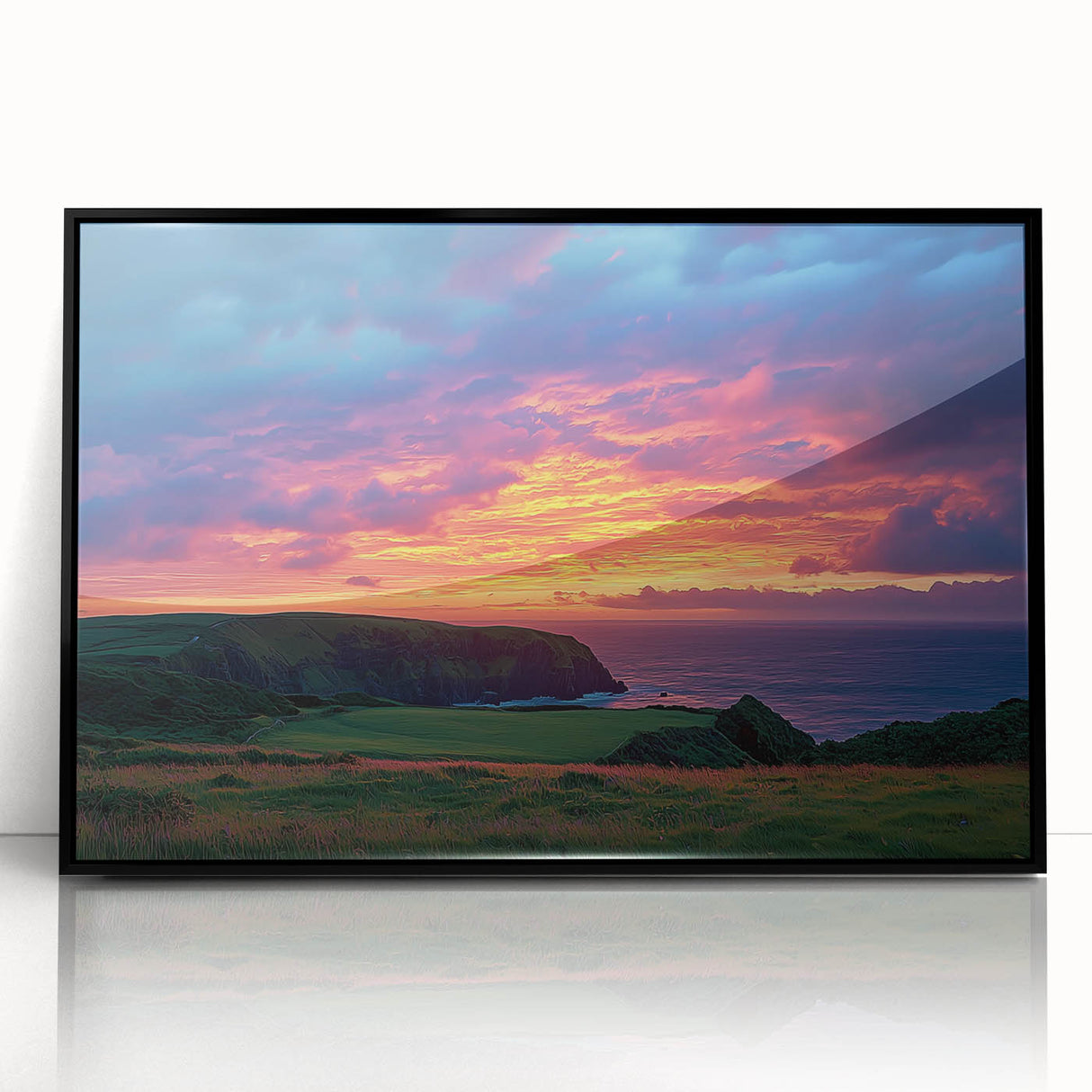 Framed acrylic artwork showcasing a stunning landscape of cliffs with a black frame, perfect for modern home decor. Ideal for nature enthusiasts seeking vibrant wall art.