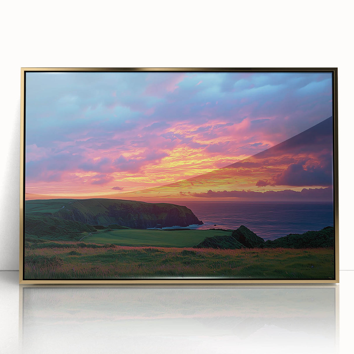 Framed acrylic artwork depicting stunning cliffs and landscapes in gold tones, perfect for enhancing modern home decor and adding a touch of elegance.
