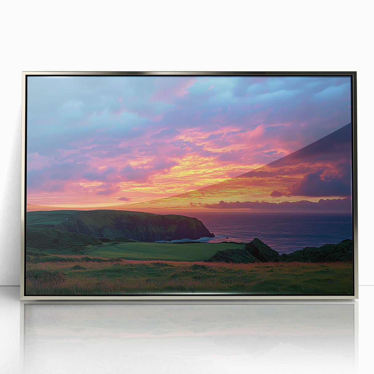 Framed acrylic artwork showcasing a stunning landscape of cliffs, featuring vibrant colors and intricate details, perfect for enhancing any modern decor.