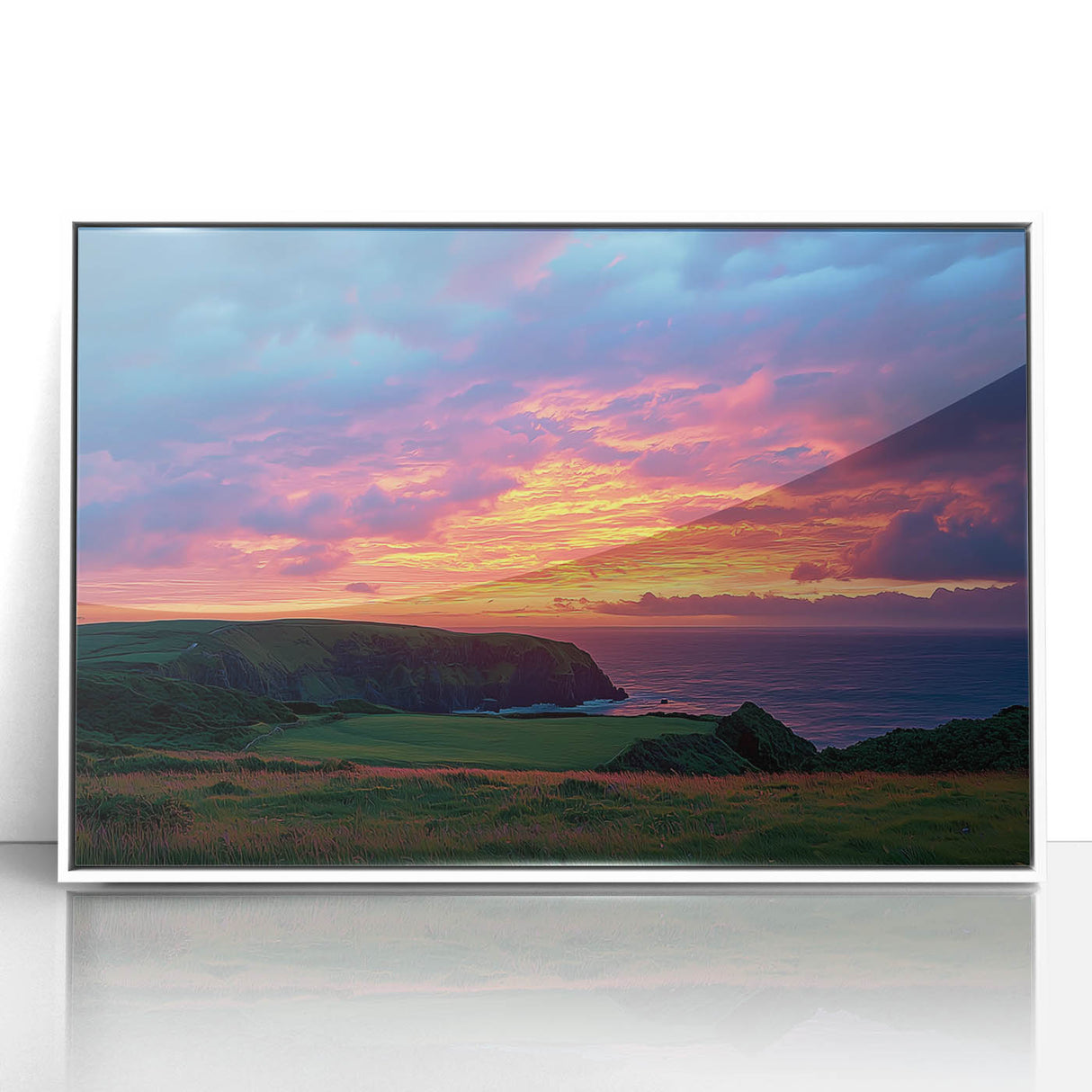 Framed acrylic artwork depicting a stunning landscape of dramatic cliffs, featuring vibrant colors and intricate details, perfect for enhancing modern home decor.