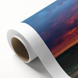 Stunning rolled canvas artwork depicting a dramatic cliff landscape under a vibrant sunset, showcasing rich colors and intricate details, perfect for home decor.