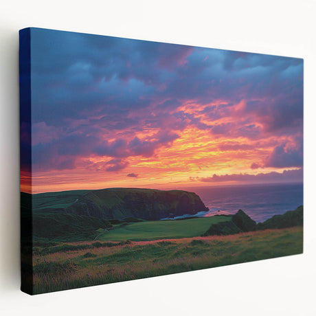 Stretched canvas art depicting a serene landscape with dramatic cliffs and vibrant colors, perfect for enhancing modern home decor or office spaces.