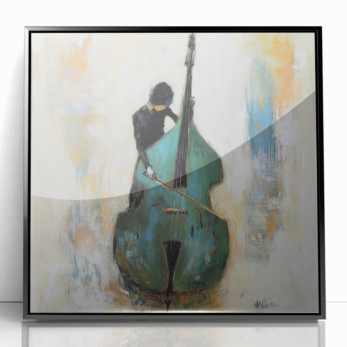 Framed abstract figurative art piece in black acrylic, showcasing dynamic shapes and bold contrasts, perfect for modern decor and artistic expression.