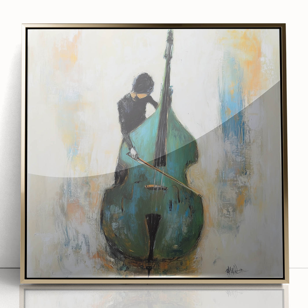 Framed abstract figurative artwork in gold and white tones, showcasing a modern design with fluid shapes and unique textures, perfect for contemporary decor.