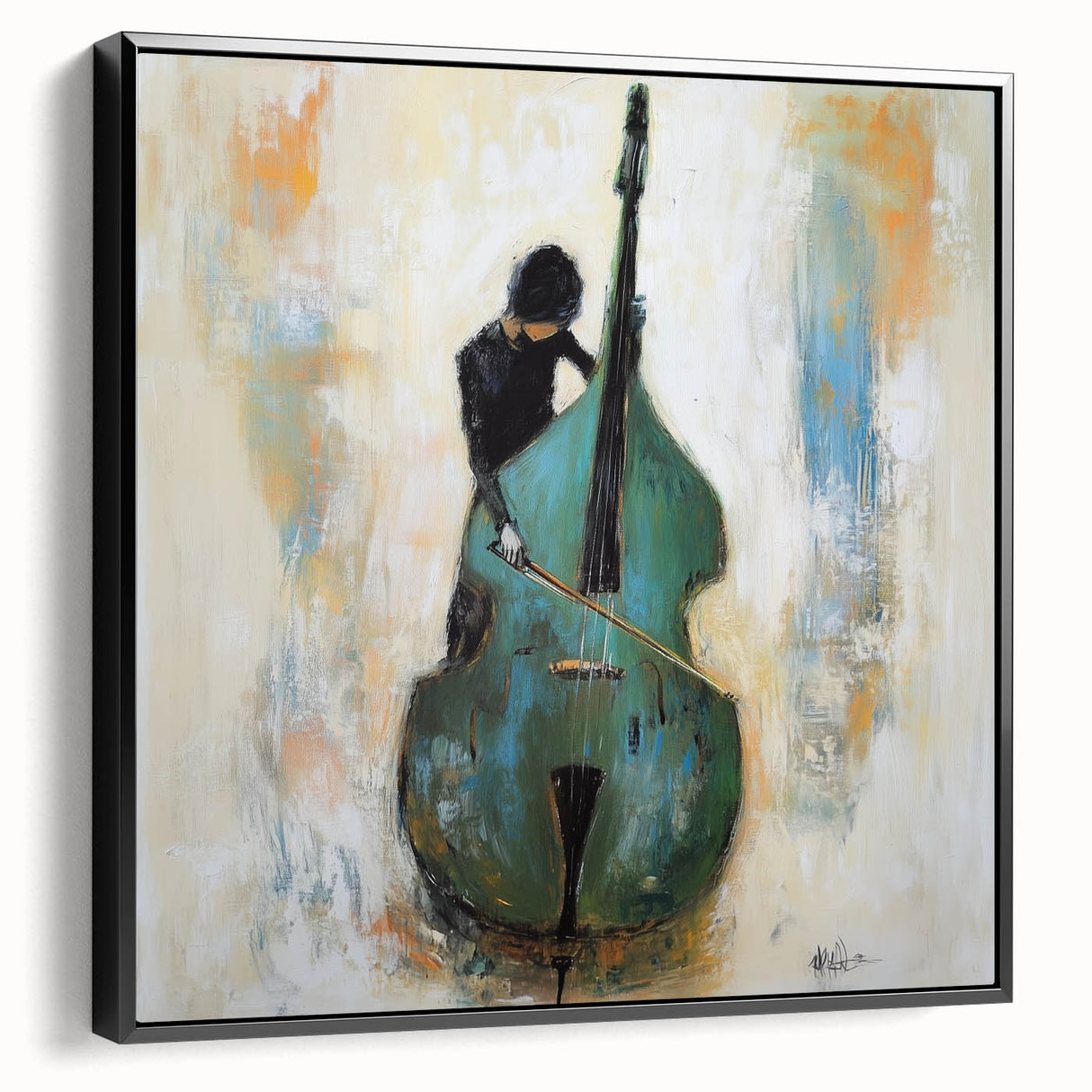 Abstract figurative framed canvas artwork showcasing a dynamic black design, elegantly displayed from a side view to highlight its depth and texture, perfect for modern decor.