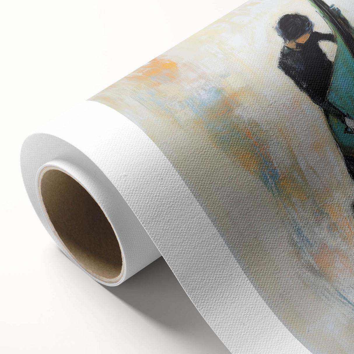 Abstract figurative art on rolled canvas showcasing vibrant colors and dynamic shapes, elegantly packaged in a protective cardboard tube for easy display.