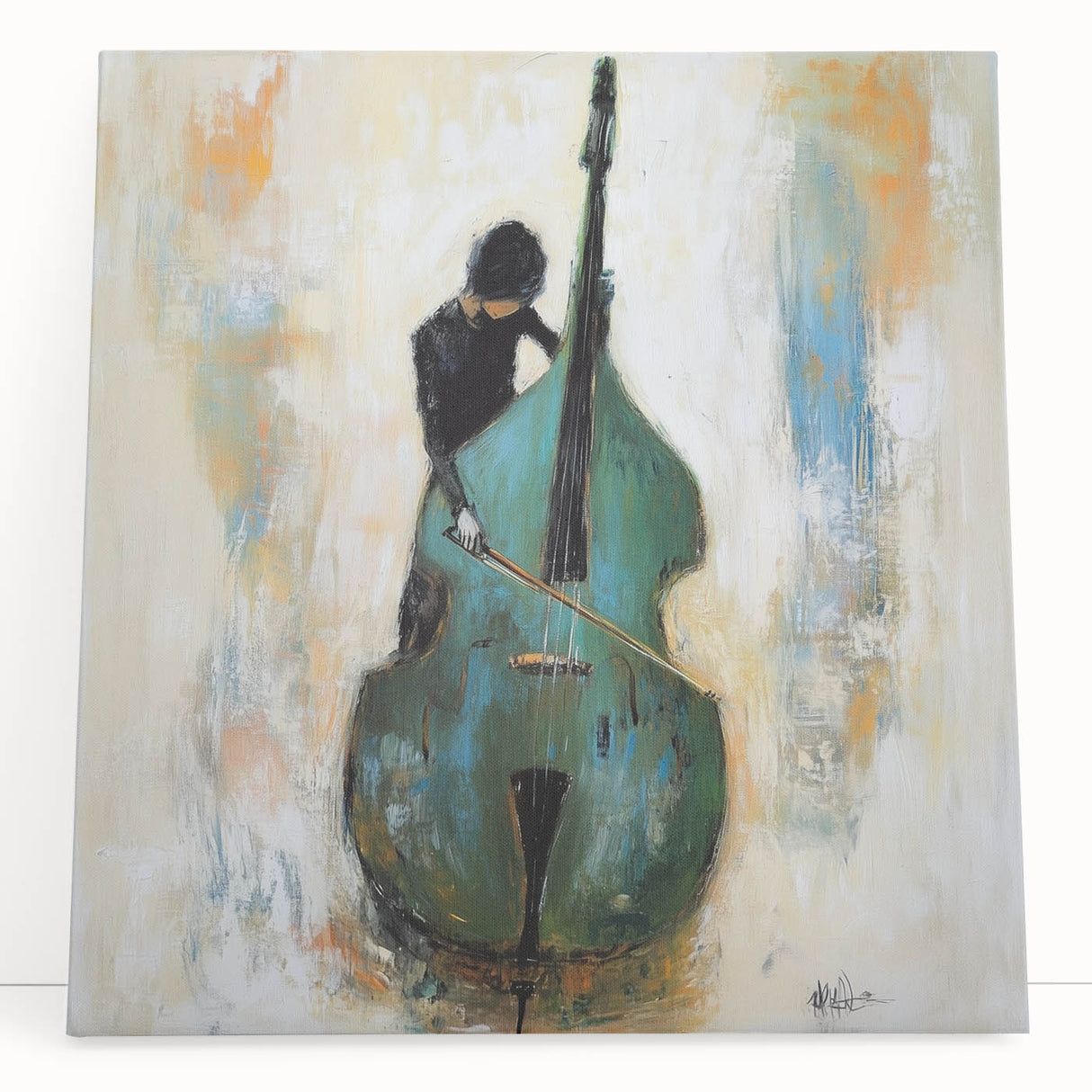 Abstract figurative stretched canvas artwork featuring vibrant colors and dynamic shapes, leaning against a textured wall, ideal for modern home decor.