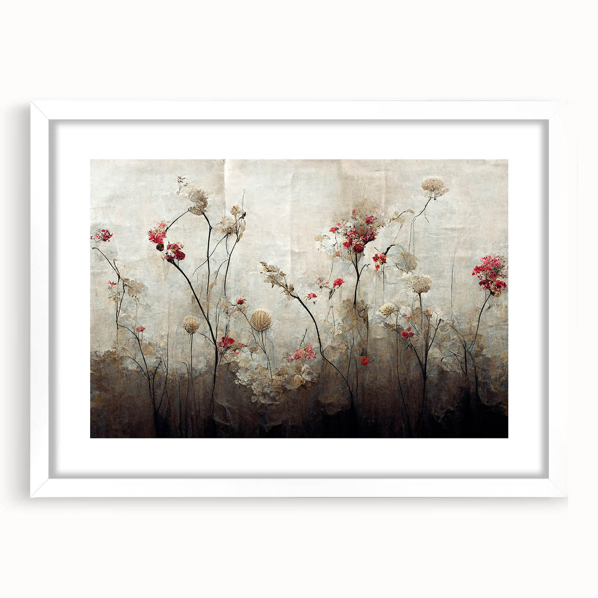 Abstract floral wall art featuring vibrant colors and intricate designs, framed with a white mat, creating a modern and elegant decor piece for any room.