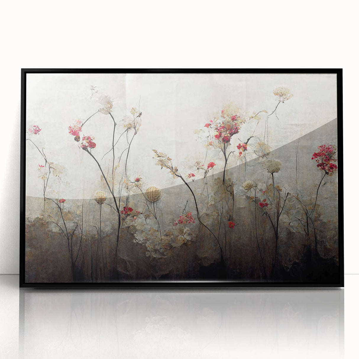 Framed abstract floral wall art in black acrylic, showcasing vibrant colors and intricate patterns, perfect for modern home decor or gallery displays.