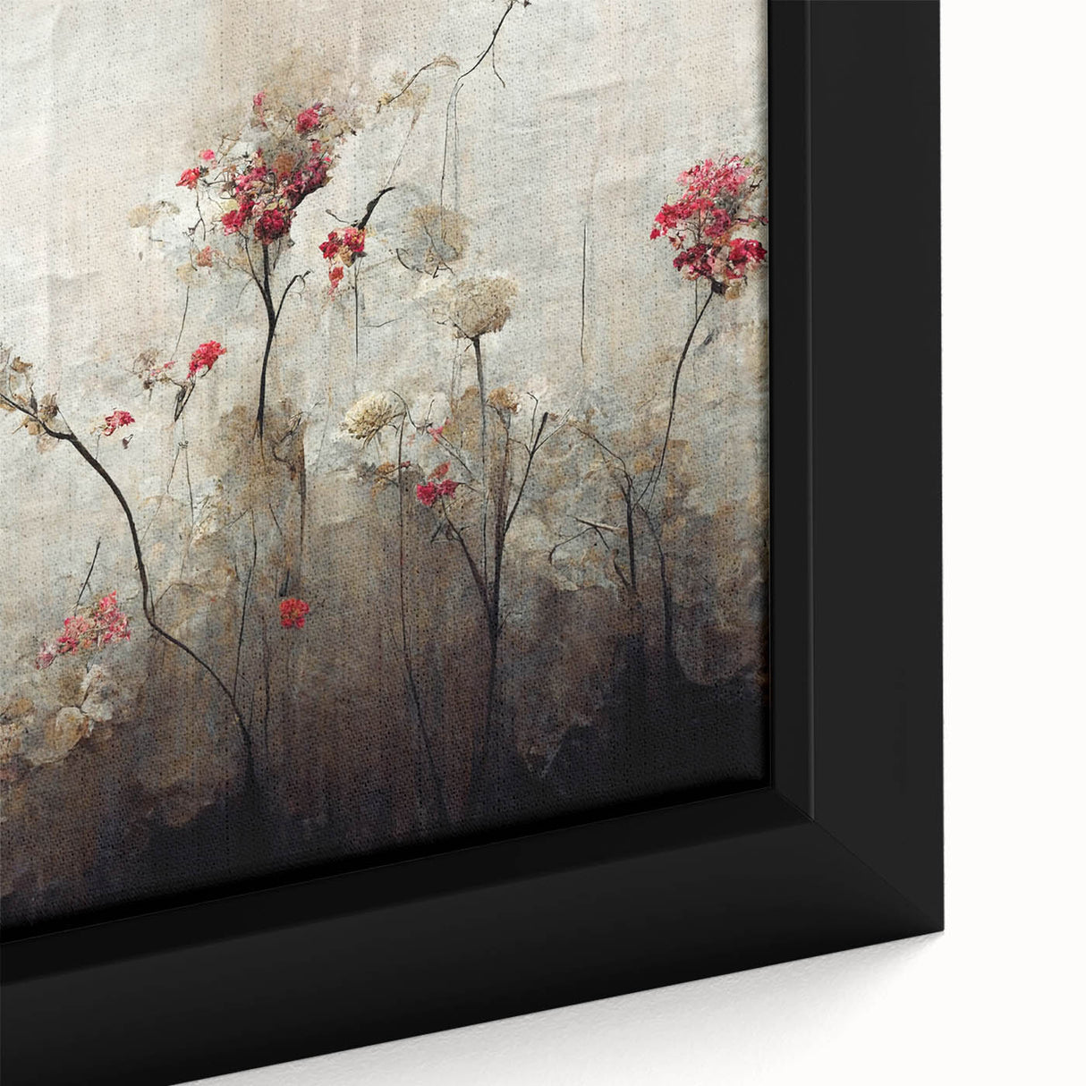 Close-up of a framed abstract floral wall art piece showcasing vibrant colors including pink, blue, and green. The textured canvas enhances the design, perfect for modern decor.