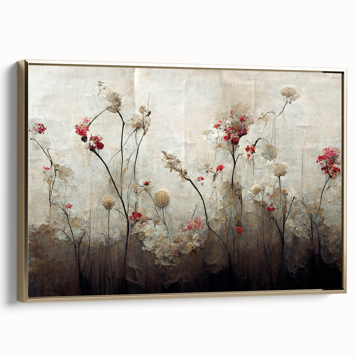 Framed canvas wall art showcasing an abstract floral design with gold accents, viewed from the side, perfect for modern home decor. Ideal for adding elegance to living spaces.