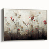 Framed wall art featuring abstract floral designs in vibrant colors, set against a sleek silver frame, showcasing a modern aesthetic for home decor. Perfect for adding a touch of elegance to any room.