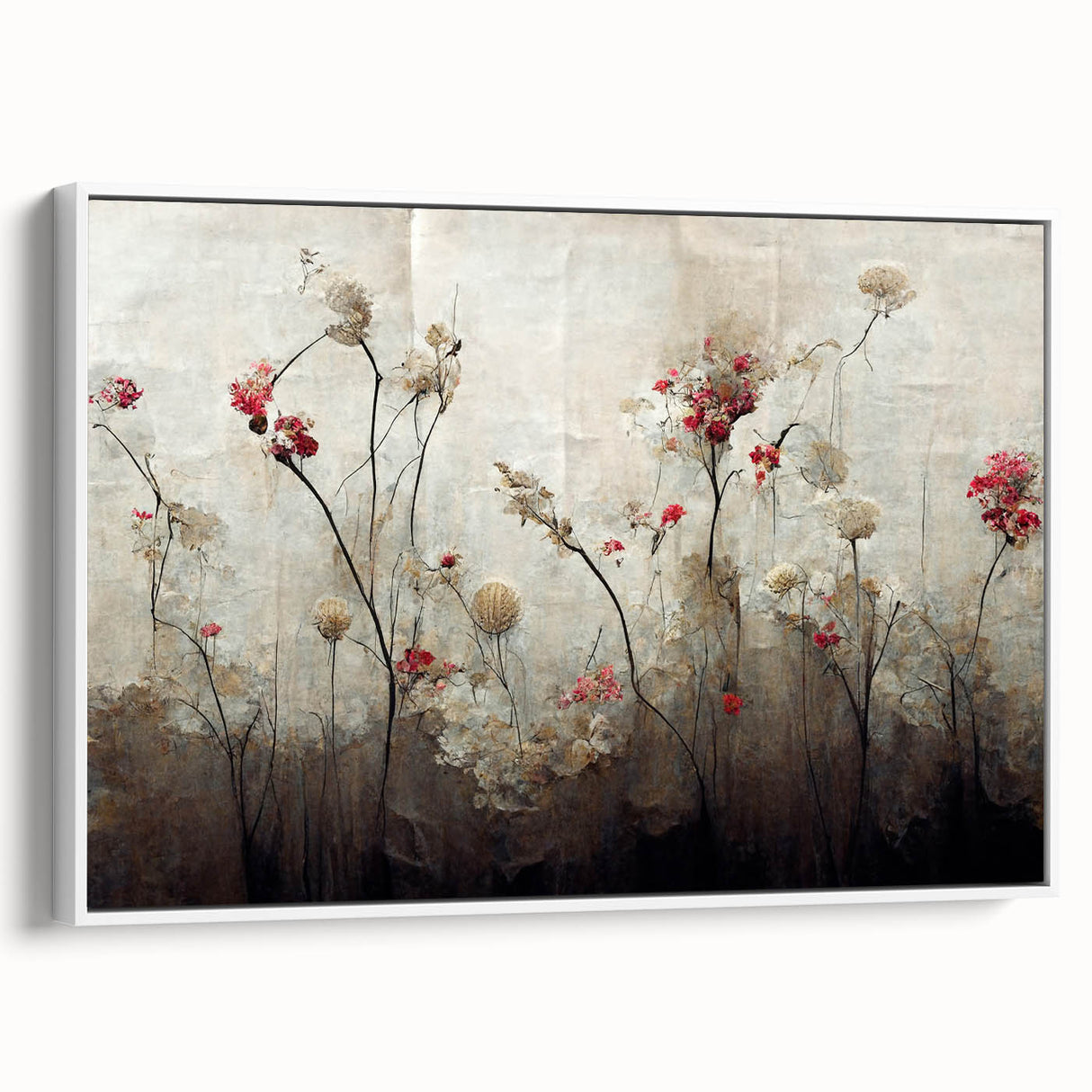 Framed abstract floral wall art showcasing vibrant colors and intricate patterns, designed to enhance modern home decor. The piece is presented in a stylish white frame, ideal for adding a touch of elegance to any room.