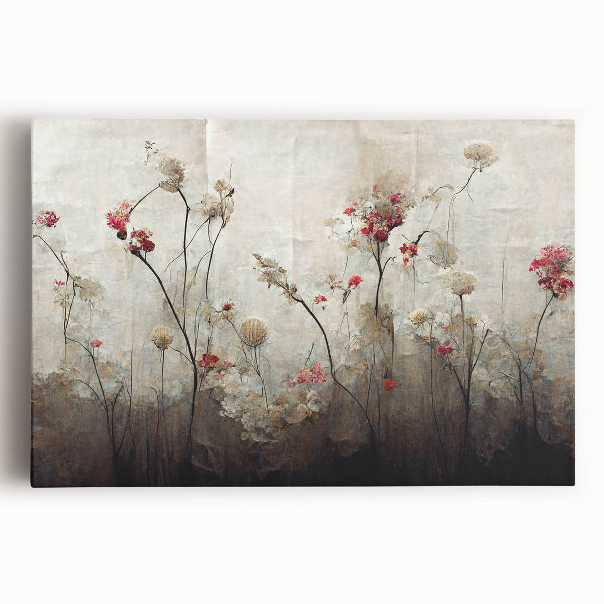 Abstract floral wall art on stretched canvas, showcasing vibrant colors like pink, blue, and green, perfect for modern home decor and adding a touch of elegance.