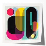 Abstract geometric art print mockup featuring vibrant colors and intricate shapes, displayed in a glossy finish, suitable for modern home decor or gallery exhibitions.