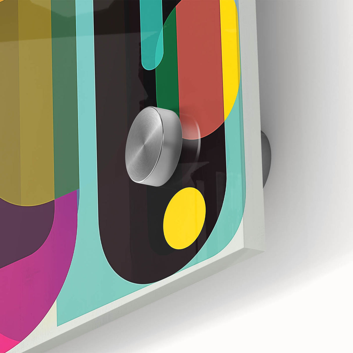 Close-up of an abstract geometric acrylic glass artwork showcasing vibrant colors and intricate patterns, ideal for modern home decor and artistic displays.