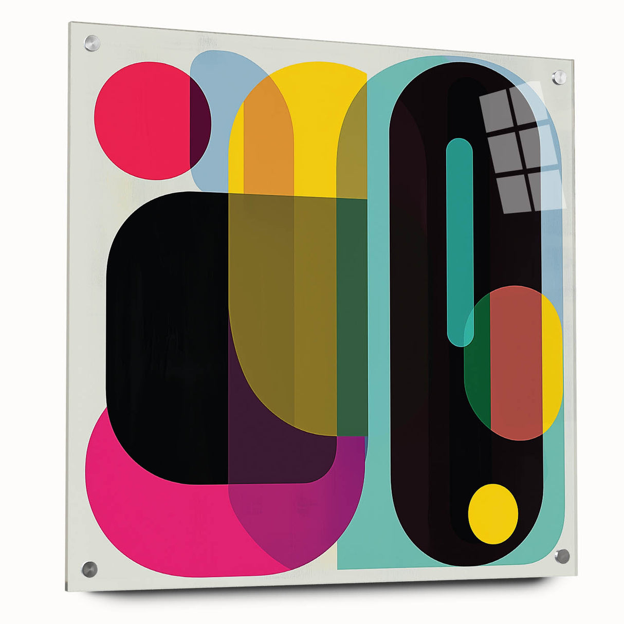 Abstract geometric acrylic and glass art piece with a side view showcasing vibrant colors and intricate designs, mounted with decorative pins for display.