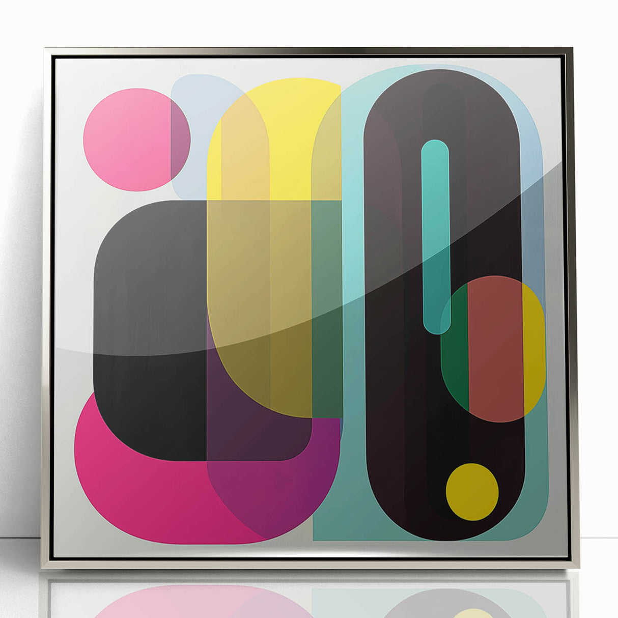 Framed abstract geometric art print in silver tones, showcasing intricate shapes and lines, perfect for modern home decor. Ideal for enhancing contemporary interiors.
