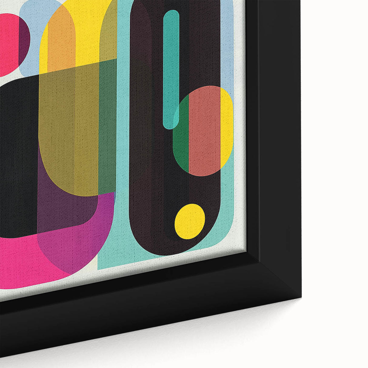 Close-up of an abstract geometric framed canvas artwork showcasing vibrant colors and intricate patterns, perfect for modern home decor. This visually striking piece adds a contemporary touch to any space while enhancing aesthetic appeal.