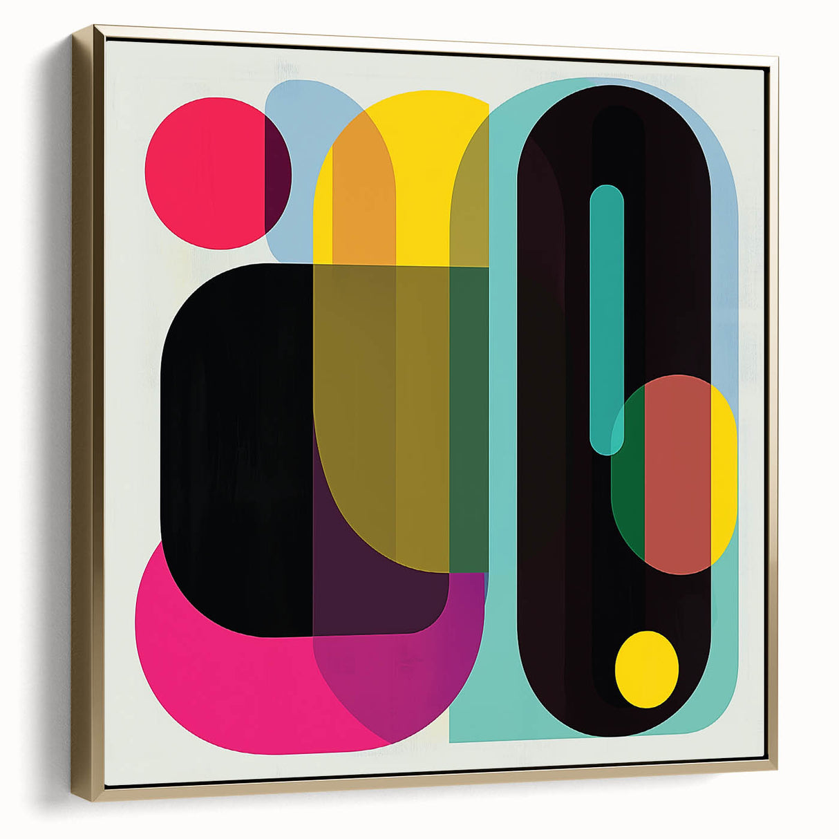 Abstract geometric framed canvas art featuring silver and gold tones, showcasing layered shapes and lines for a modern decor ambiance, ideal for contemporary interiors.