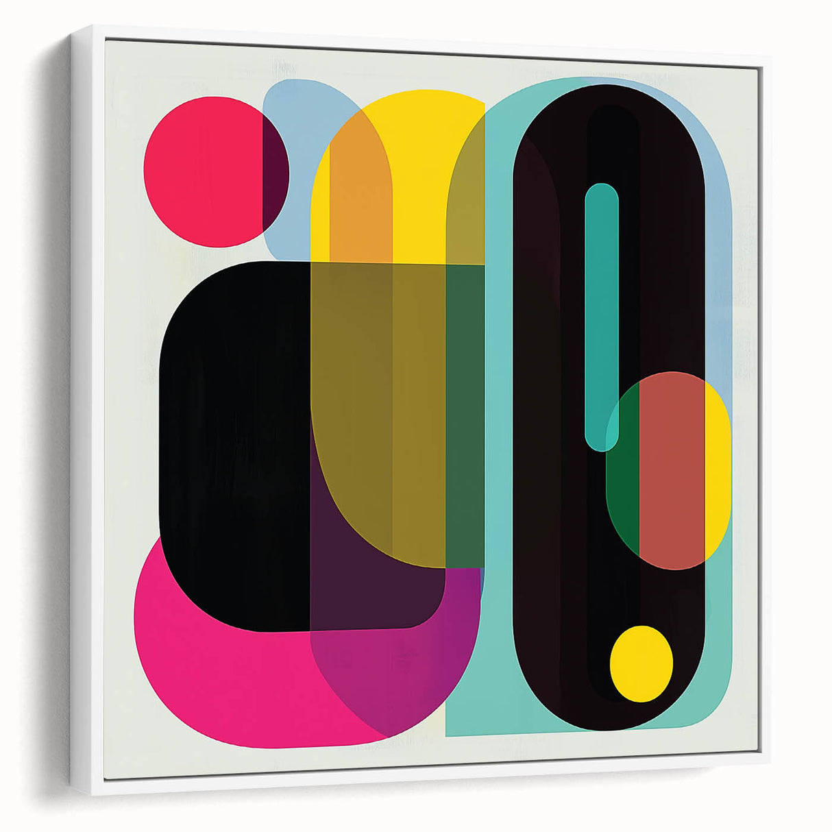 Abstract geometric framed canvas artwork showcasing a modern design with a white background and bold, colorful shapes. Ideal for contemporary home decor.
