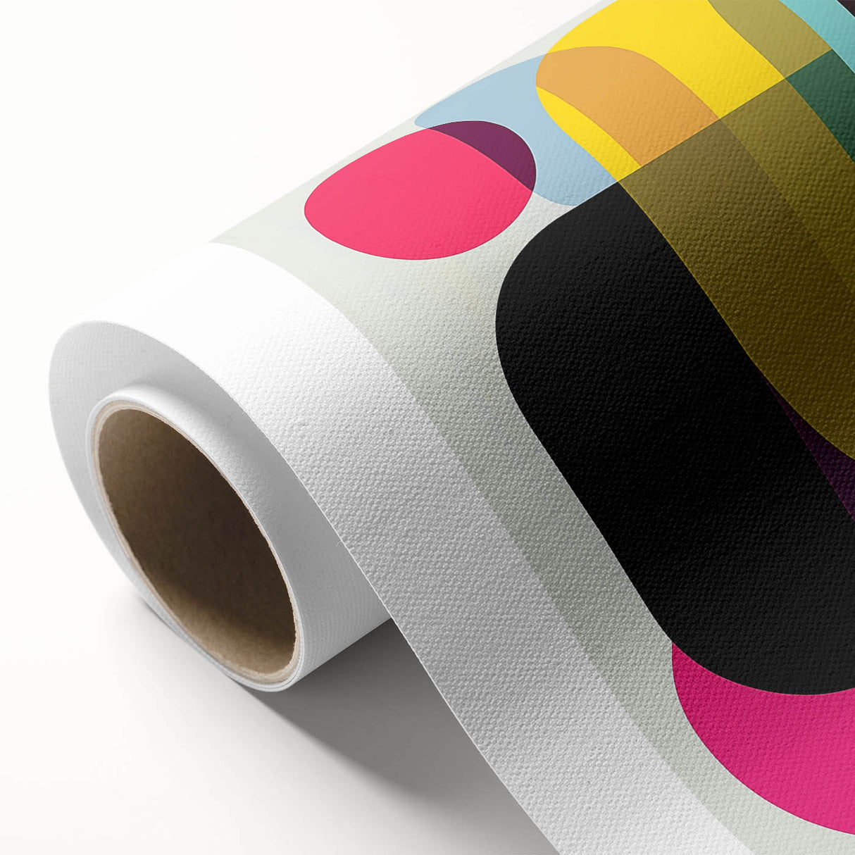 Abstract geometric wall art printed on rolled canvas, showcasing vibrant colors and intricate shapes, packaged securely in a sturdy cardboard tube for protection.