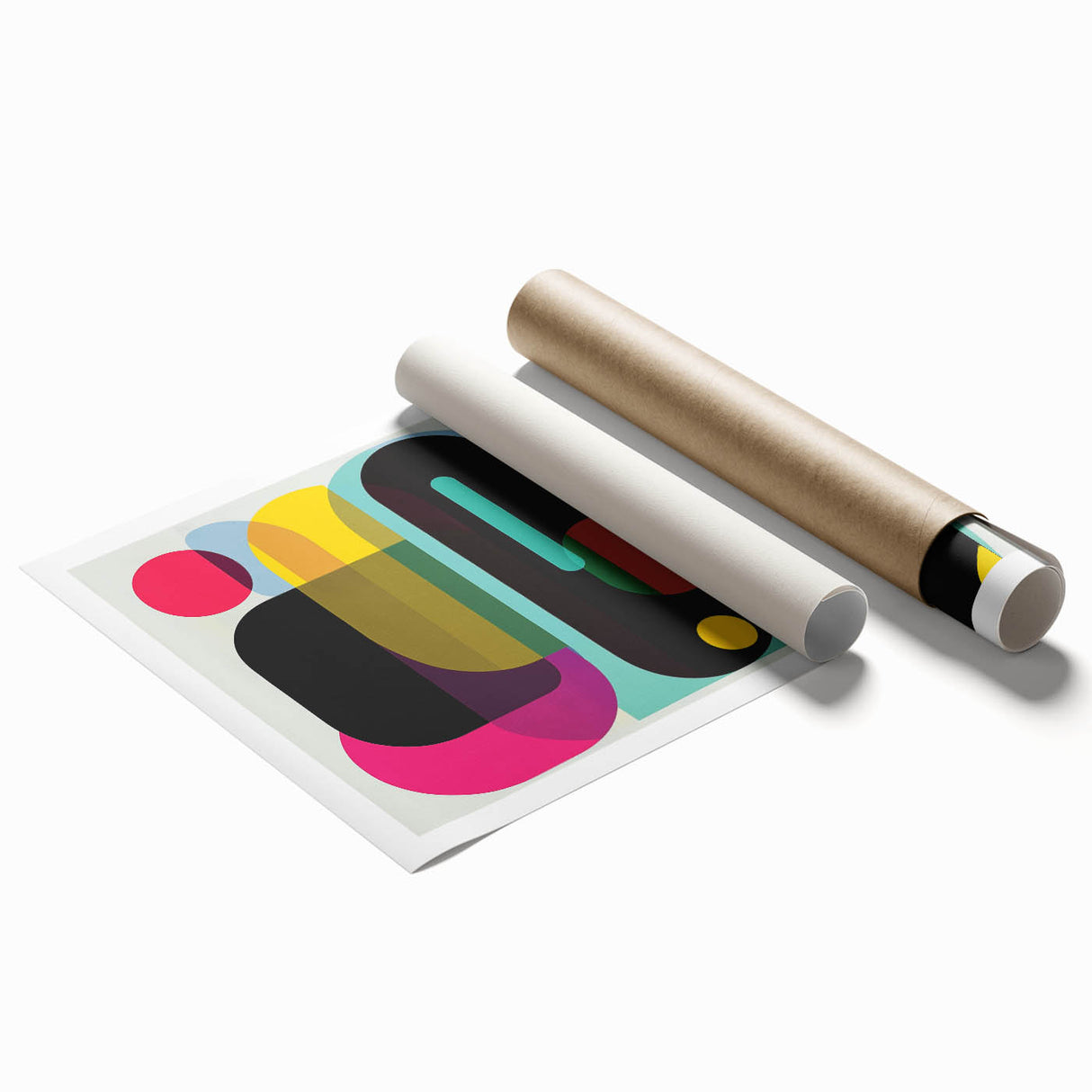 Abstract geometric rolled print featuring vibrant colors and intricate patterns, ideal for modern home decor. The design showcases a blend of sharp angles and soft curves, emphasizing artistic creativity. Perfectly packaged in a durable tube for safe delivery.