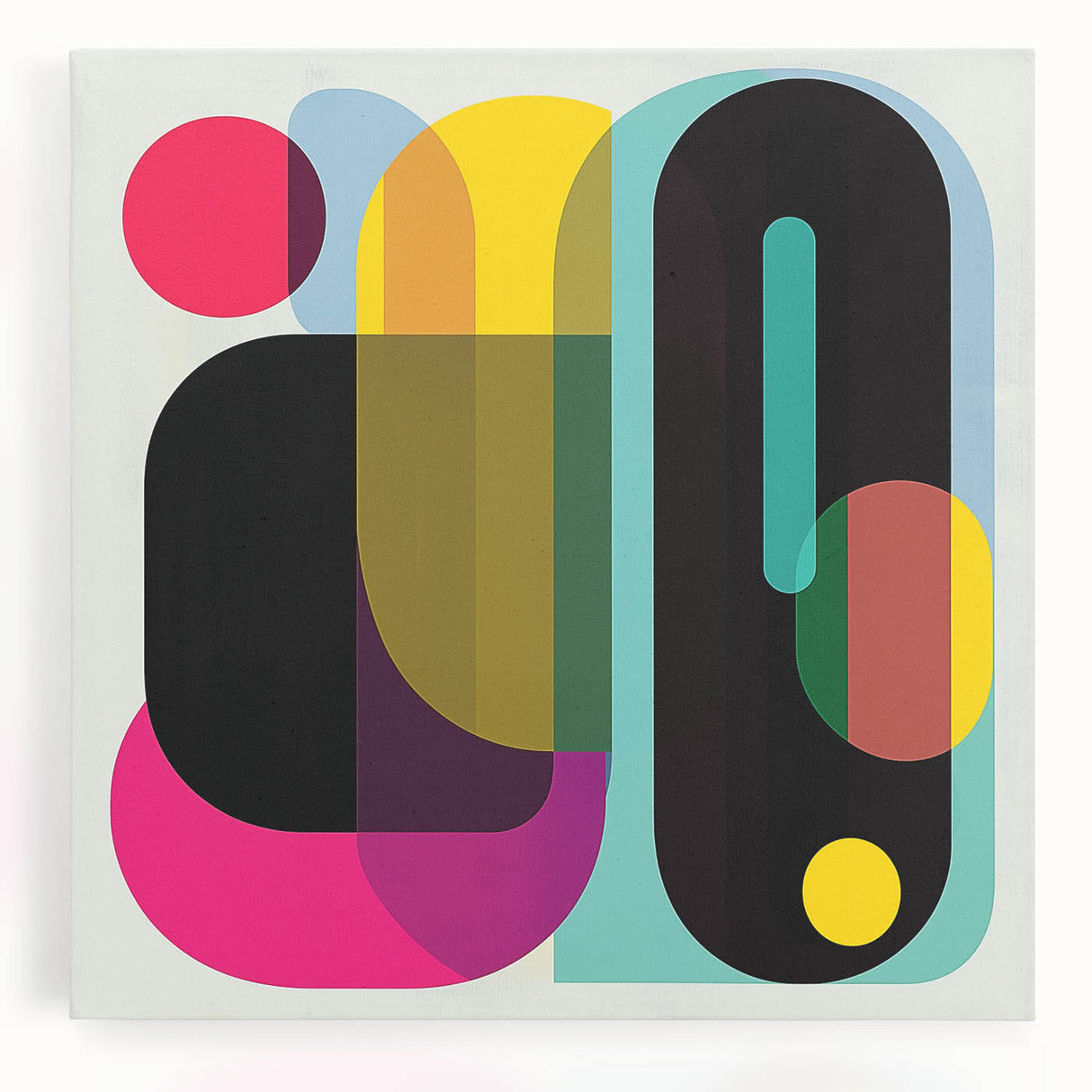 Abstract geometric stretched canvas artwork showcasing vibrant colors and intricate patterns, perfect for modern home decor. Ideal for living room or office spaces.