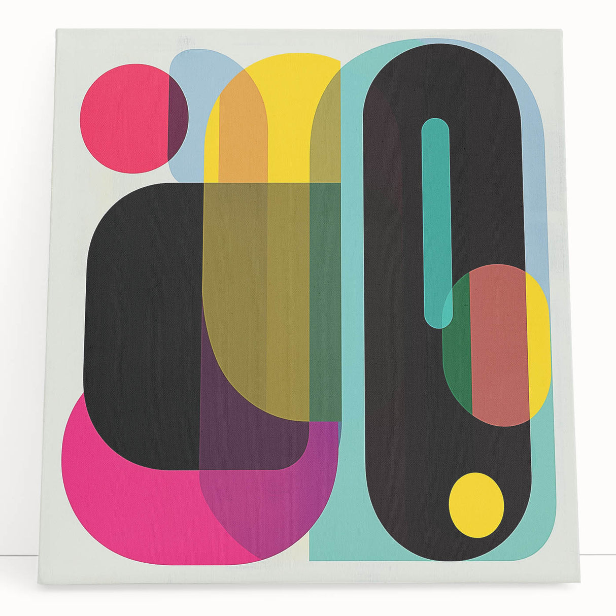 Abstract geometric stretched canvas artwork featuring vibrant colors and dynamic shapes, elegantly leaning against a wall, perfect for modern decor.