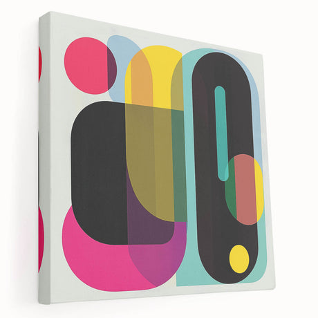 Abstract geometric stretched canvas artwork showcasing vibrant blue, orange, and yellow colors; ideal for modern home decor and artistic expression.