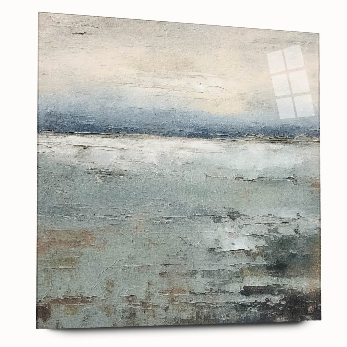 Abstract landscape wall art design printed on acrylic glass, showcasing vibrant colors and fluid shapes, presented in a sleek side view without pins. Perfect for modern home decor.